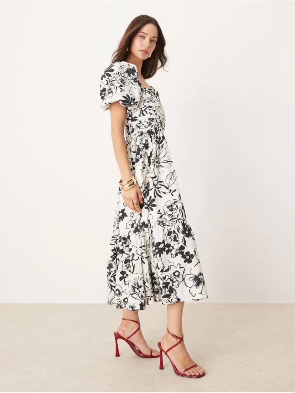 A&F Emerson Black + White Floral Square-Neck Feminine Midi Puff Sleeve Dress L
